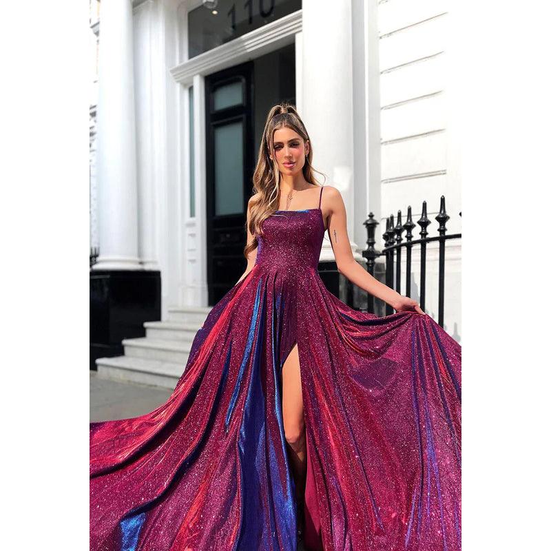 Baoleely A-Line Straps Sequined Split Sleeveless Prom Evening Formal Dress