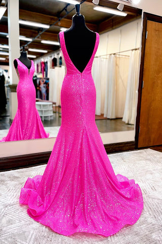 Sparkly Hot Pink Sequins V-neck Mermaid Long Prom Dress With Cape
