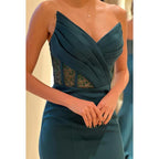 Robe de soirée longue à col en V, bustier, froncée, transparente, avec perles