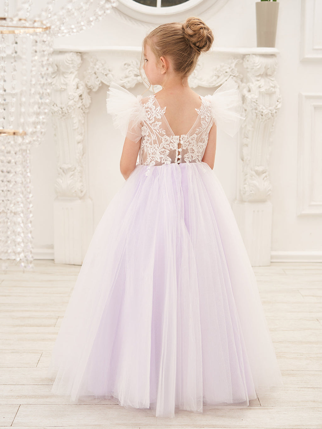 Vestido de niña de las flores con cola de tul y encaje desmontable