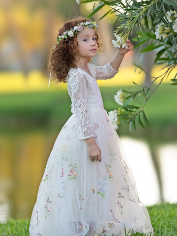 Vestido largo de niña de las flores de jardín, de tul bordado con encaje floral y corte en A 