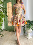 Vestido corto de fiesta de bienvenida con estampado floral en línea A y flores 3D