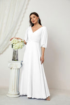 Baoleely  Formal Prom Gown Women V-Neck Chiffon Bridesmaid Dresses Long Bishop Sleeve Party Dress 2807