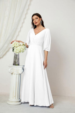 Baoleely  Formal Prom Gown Women V-Neck Chiffon Bridesmaid Dresses Long Bishop Sleeve Party Dress 2807