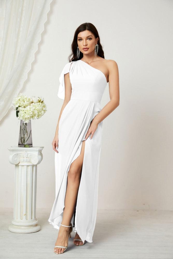 Baoleely  Chiffon Ruffled One Shoulder Long Bridesmaid Dresses A-line Formal Evening Gown Side Split 2809