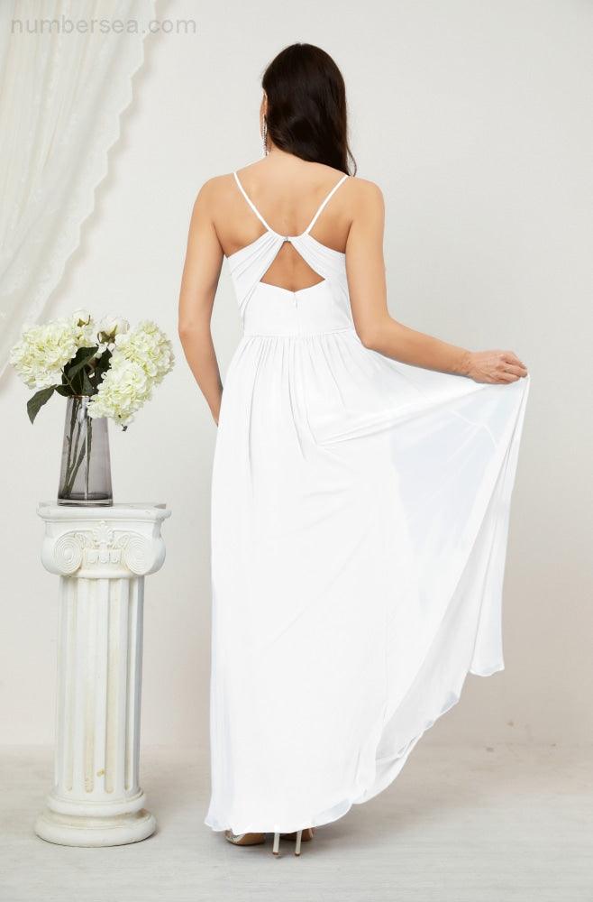 Robe de demoiselle d'honneur en mousseline de soie, longue, coupe trapèze, col en V, pour soirée de mariage, 2801 
