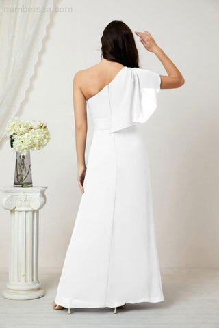 Robe de demoiselle d'honneur longue en mousseline de soie à volants et à une épaule, coupe trapèze, robe de soirée formelle fendue sur le côté, 2809