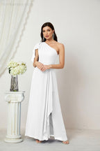 Baoleely  Chiffon Ruffled One Shoulder Long Bridesmaid Dresses A-line Formal Evening Gown Side Split 2809