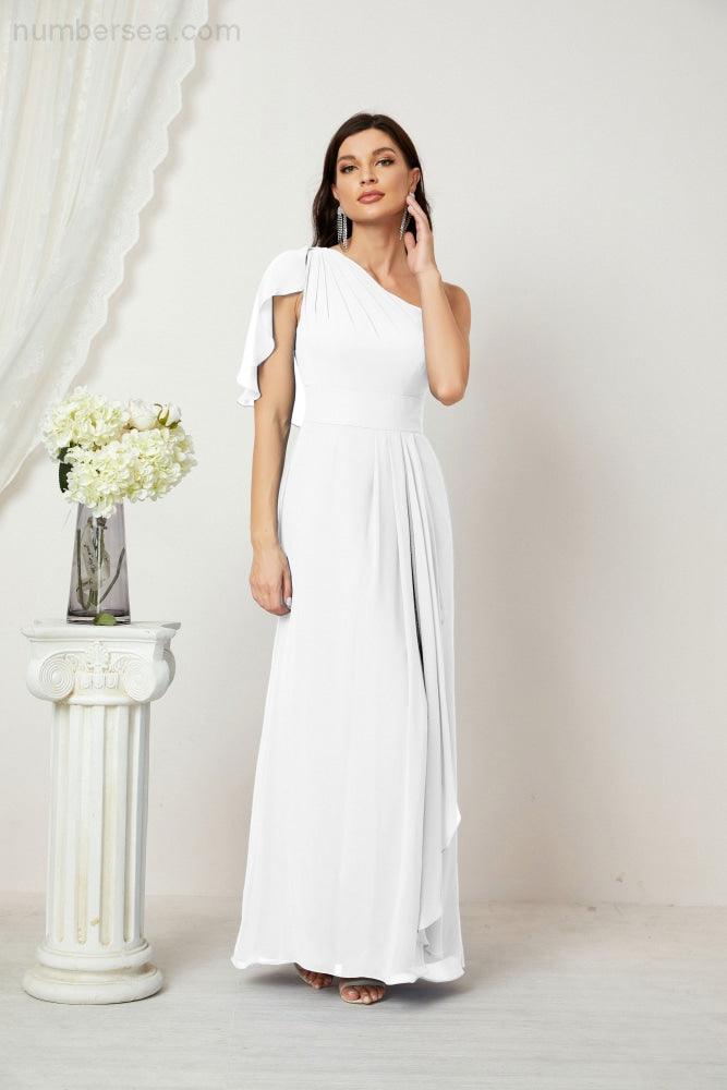 Baoleely  Chiffon Ruffled One Shoulder Long Bridesmaid Dresses A-line Formal Evening Gown Side Split 2809