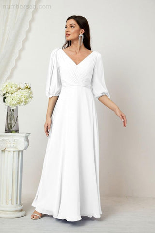 Baoleely  Formal Prom Gown Women V-Neck Chiffon Bridesmaid Dresses Long Bishop Sleeve Party Dress 2807