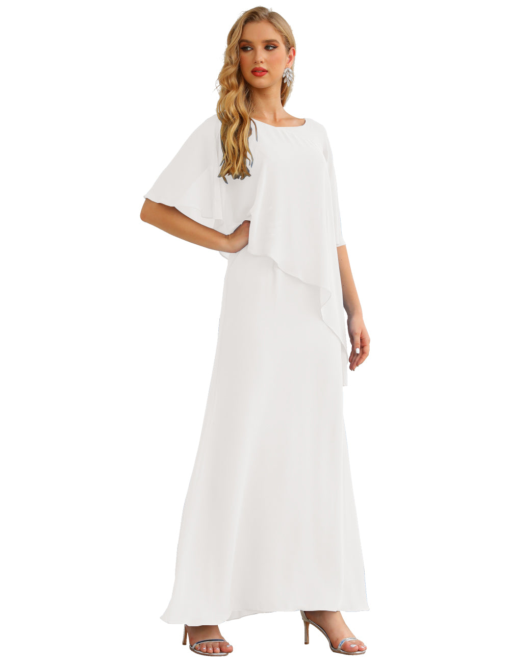 White Color Size 18 Mother of The Bride Dresses Long Cape Sleeves Formal Dress SEA28026