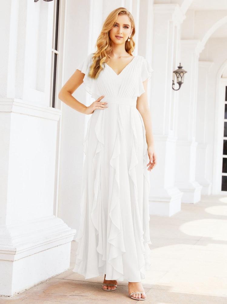 Ruffled Bridesmaid Dresses with Sleeves Long Formal Party Dress 28041