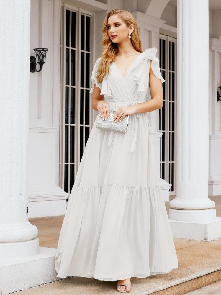 Baoleely Women's Open Back Formal Evening Party Prom Gowns V-Neck Long Chiffon Bridesmaid Dresses with Waist Belt 28038