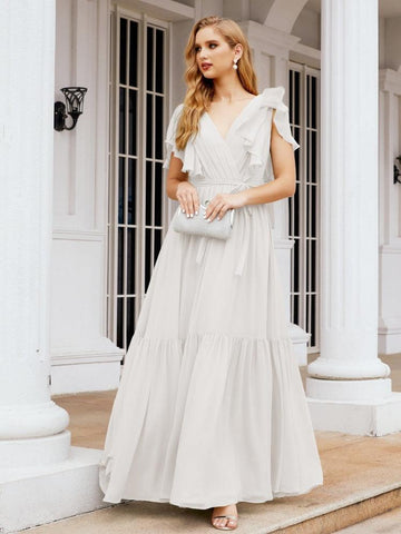 Vestido de fiesta formal de noche con espalda descubierta para mujer Baoleely, escote en V, largo, de gasa, con cinturón a la cintura 28038