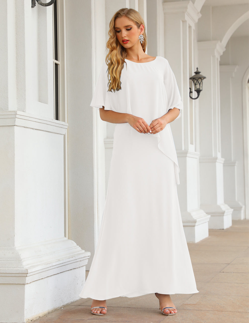 White Color Size 18 Mother of The Bride Dresses Long Cape Sleeves Formal Dress SEA28026