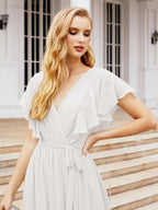 Baoleely Women's Open Back Formal Evening Party Prom Gowns V-Neck Long Chiffon Bridesmaid Dresses with Waist Belt 28038