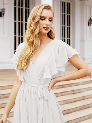 Vestido de fiesta formal de noche con espalda descubierta para mujer Baoleely, escote en V, largo, de gasa, con cinturón a la cintura 28038