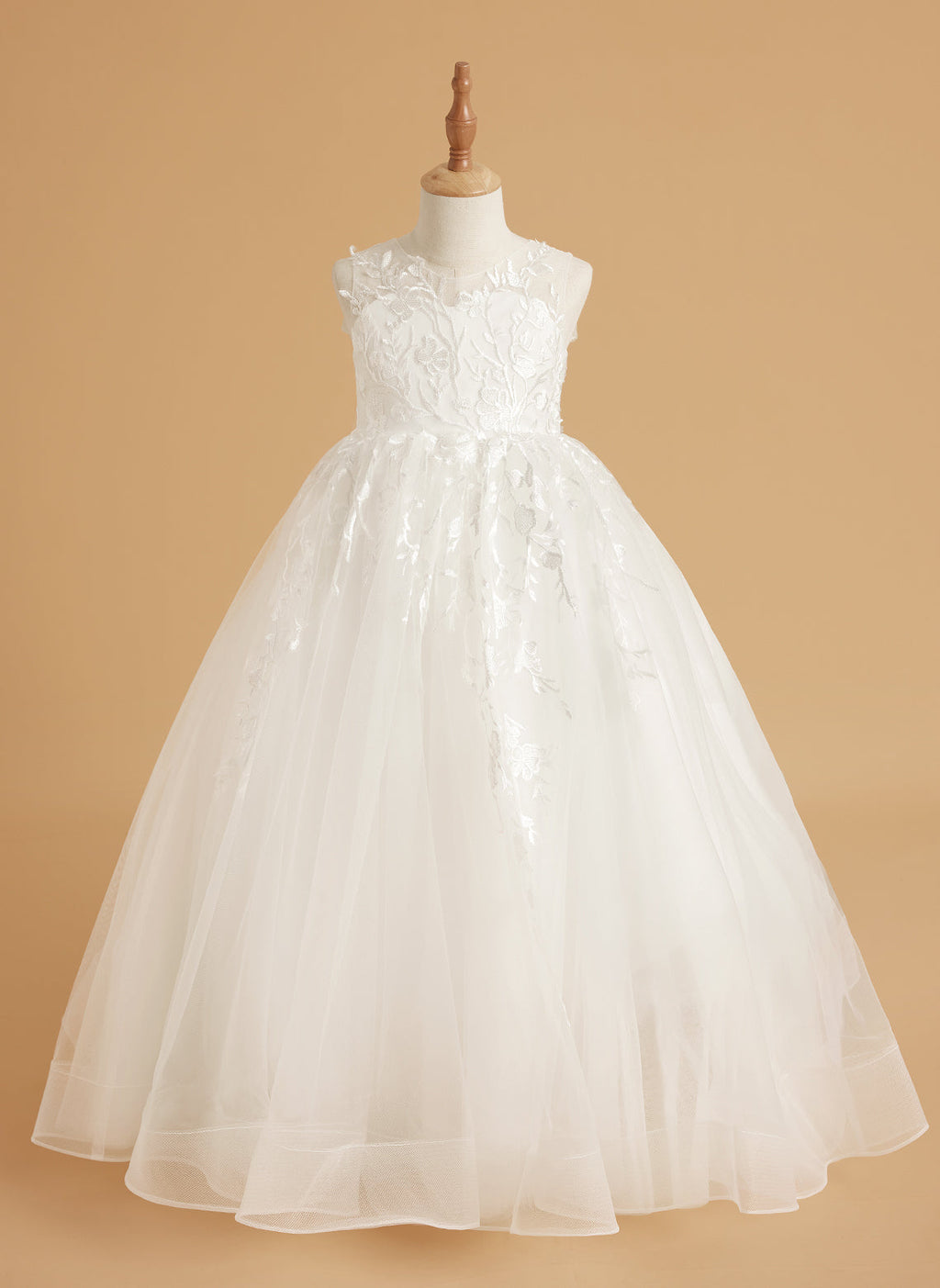 Vestido de niña de las flores de encaje y tul color marfil con diseño hasta el suelo y elegante lazo (2003227417) 