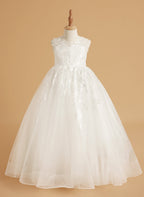 Vestido de niña de las flores de encaje y tul color marfil con diseño hasta el suelo y elegante lazo (2003227417) 
