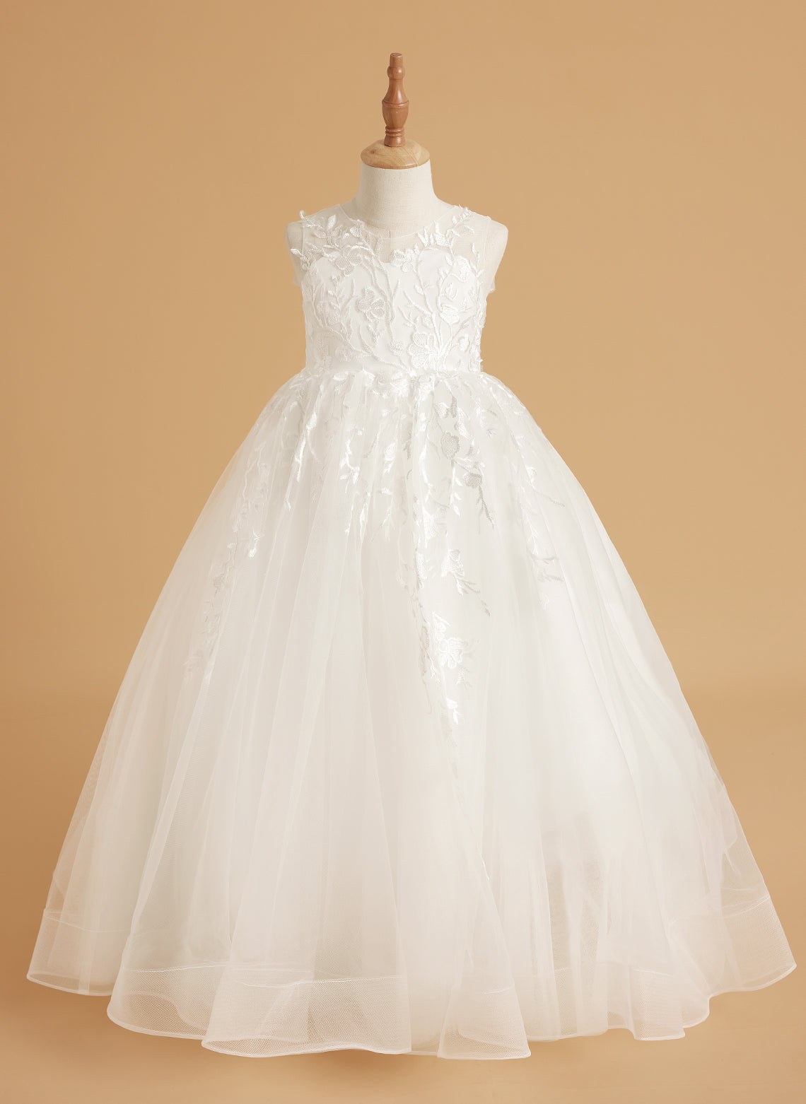 Vestido de niña de las flores de encaje y tul color marfil con diseño hasta el suelo y elegante lazo (2003227417) 