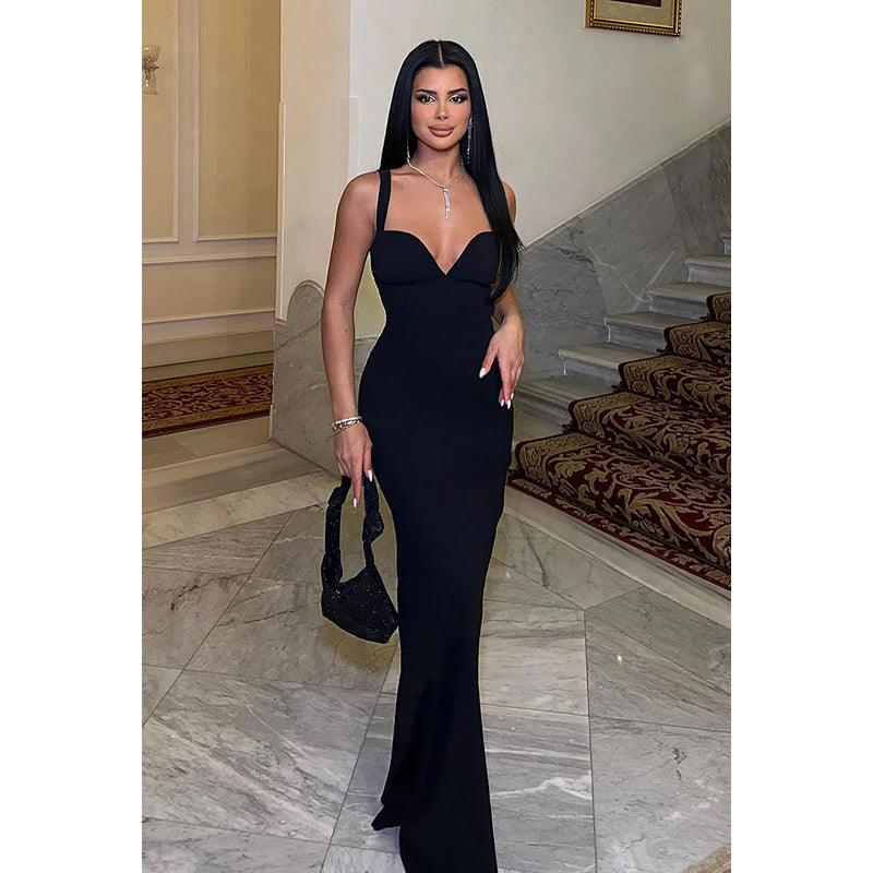 Vestido de fiesta de noche elegante, sexy y atractivo, con tirantes, escote en V, sin espalda