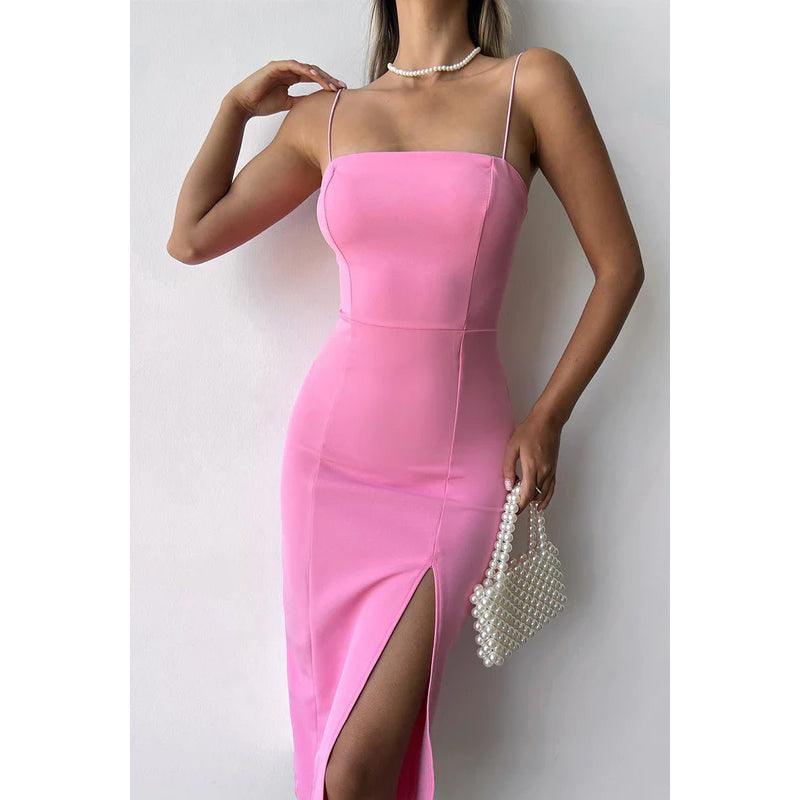 Vestido de noche de satén hasta la rodilla con tirantes finos y corte tubo/columna 