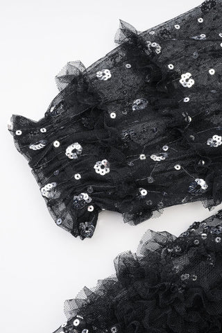 Vestido largo de noche de tul escalonado con cuello alto, volantes y lentejuelas brillantes de lunares