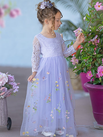 Floral Lace Embroidered Tulle A-Line Floor Length Garden Flower Girl Dress