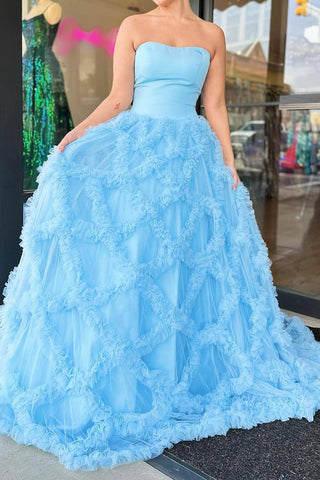 Robe de bal longue bleue élégante, bustier, coupe trapèze, à volants