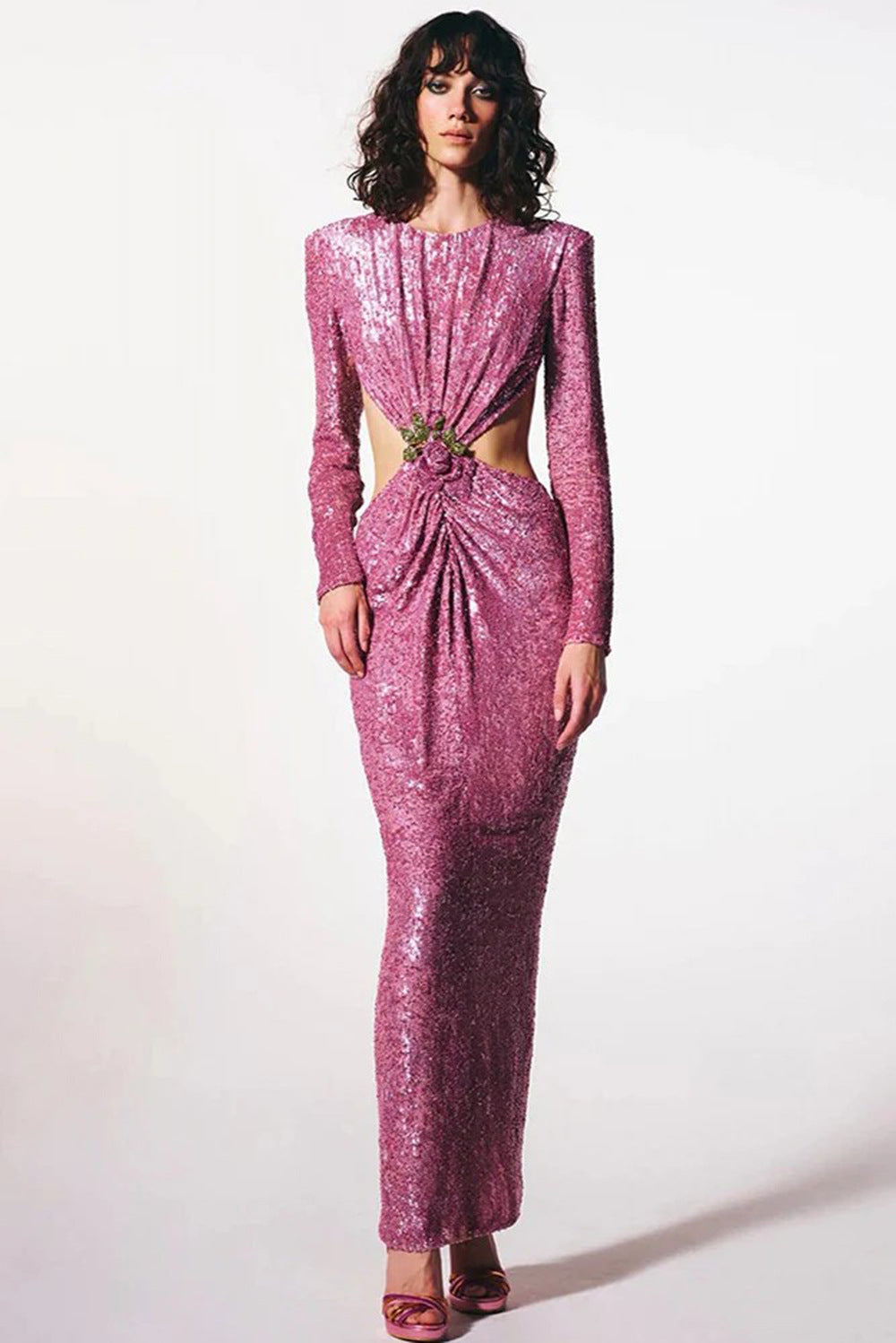 Vestido de fiesta con cintura fruncida y lentejuelas 