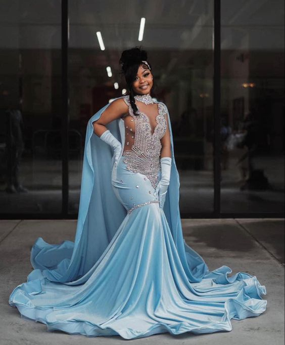 Vestido de noche de terciopelo azul celeste con cristales plateados, lujoso vestido de noche Y5764