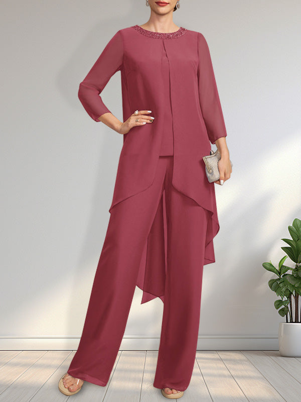 Vestido de dos piezas para la madre de la novia: mono/pantalón de gasa con escote redondo y largo hasta el suelo, adornado con lentejuelas y pedrería.