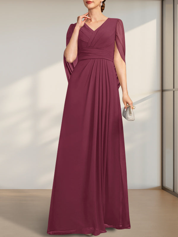 Vestido de gasa de corte A, escote en V y largo hasta el suelo para la madre de la novia, con pliegues