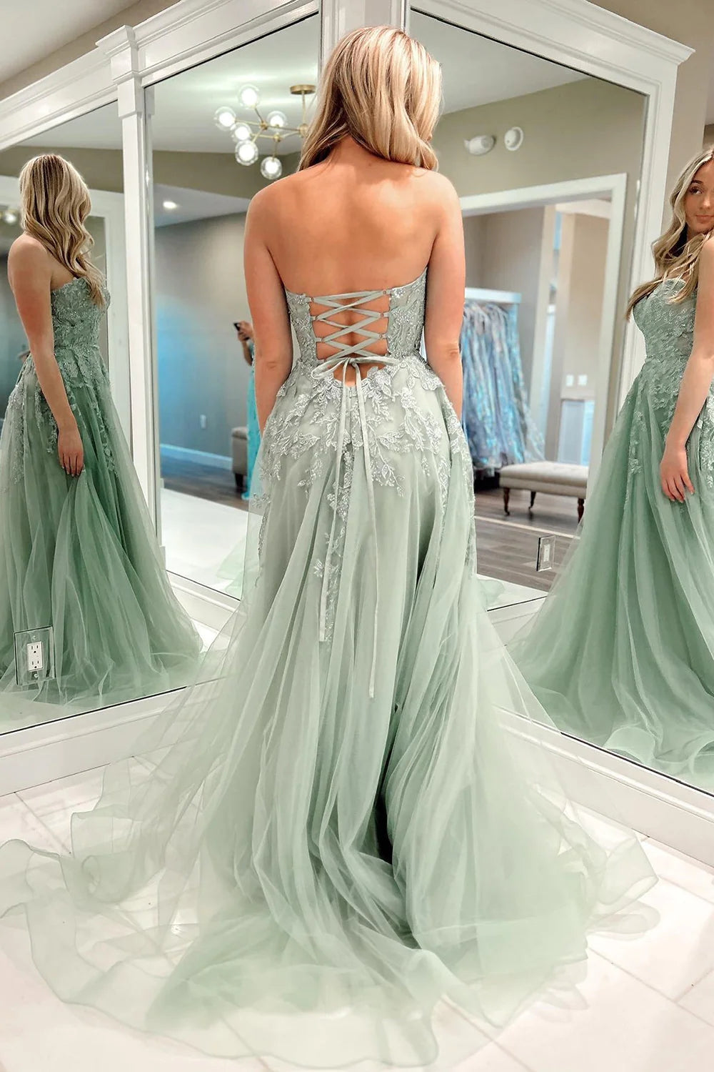 Vestidos largos de fiesta de corte A con escote corazón, tul verde salvia y encaje