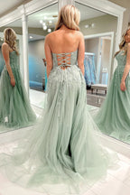 Vestidos largos de fiesta de corte A con escote corazón, tul verde salvia y encaje