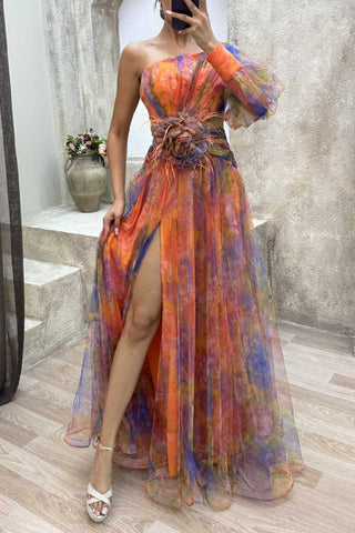 Vestidos de noche elegantes con escote oblicuo y abertura gradual (5 colores) 