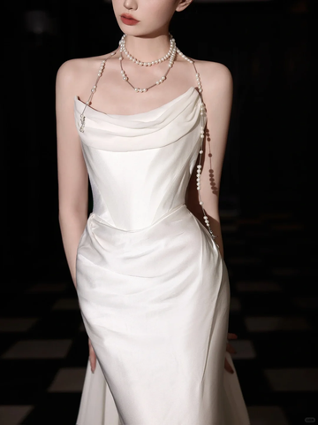 Classy White Satin Chiffon Mermaid Prom Dress,Strapless Long Wedding Dress Y8591