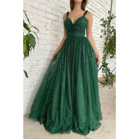 Women's Spaghetti Straps Sequins Green Sparkly Long Prom Dress with Pockets