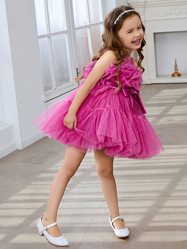 Encantador vestido rosa de princesa sin mangas de tul para niña de las flores con detalle de lazo (010224355) 