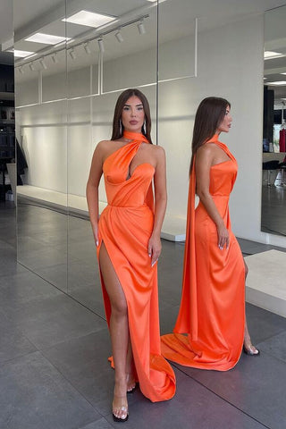 Robe de bal sirène rétro orange en satin, dos nu et fente séduisante