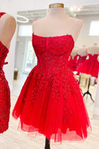 Vestido corto de fiesta morado sin tirantes, corte en A, de tul con corsé y apliques