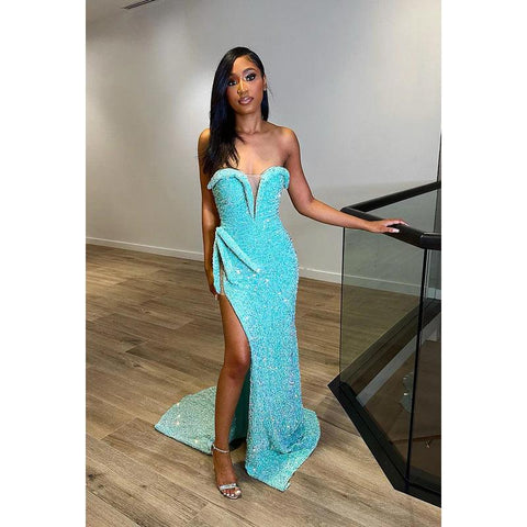 Vestido formal de noche con escote en V, lentejuelas, abertura, sin mangas y corte tubo/columna