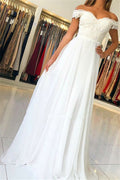 Robe de bal blanche à épaules dénudées, longue robe de soirée en mousseline avec appliques