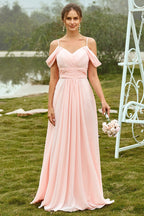 Robe de demoiselle d'honneur rose poudré à épaules dénudées