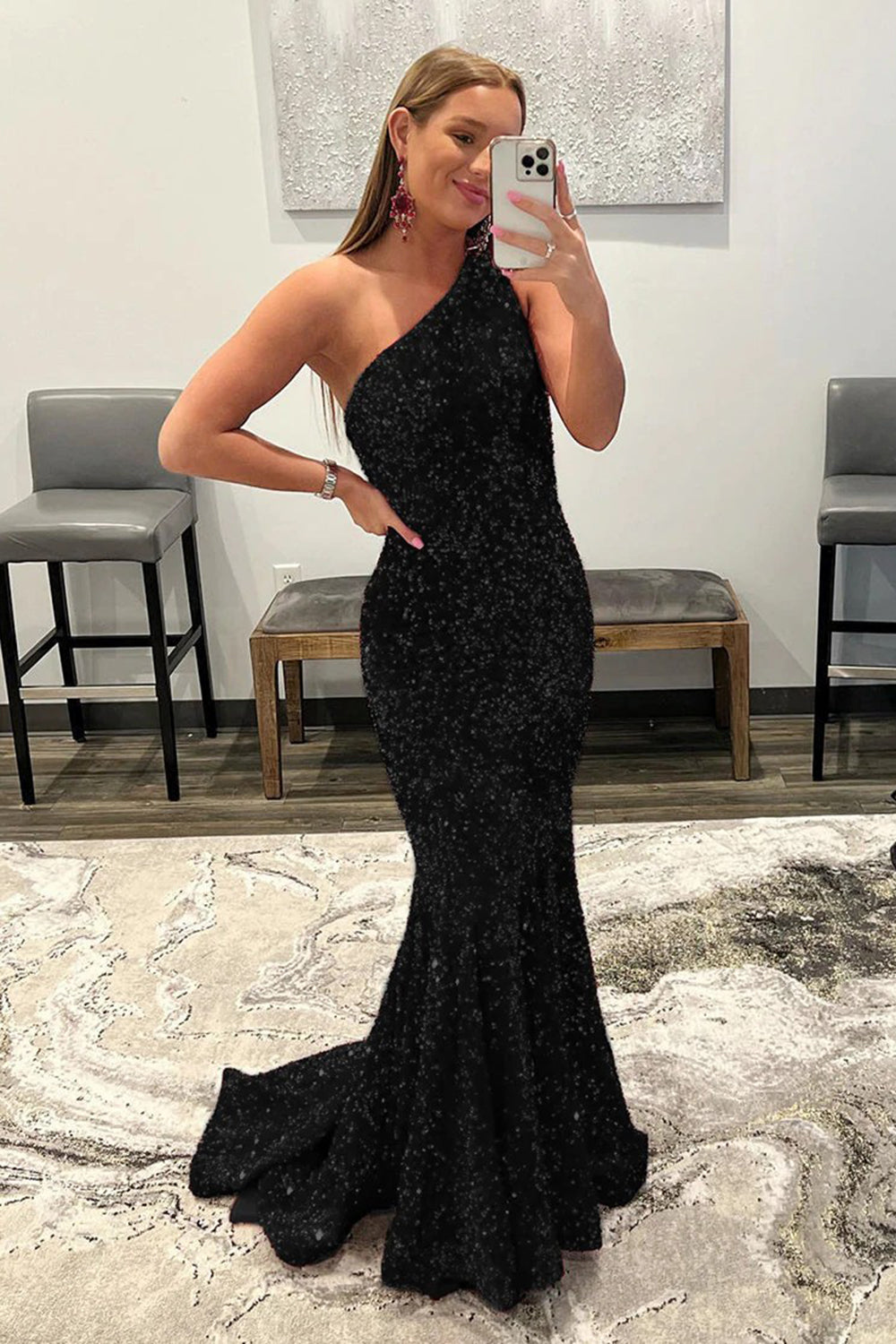 Robe de bal sirène asymétrique à sequins noirs à une épaule