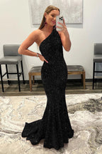 Robe de bal sirène asymétrique à sequins noirs à une épaule