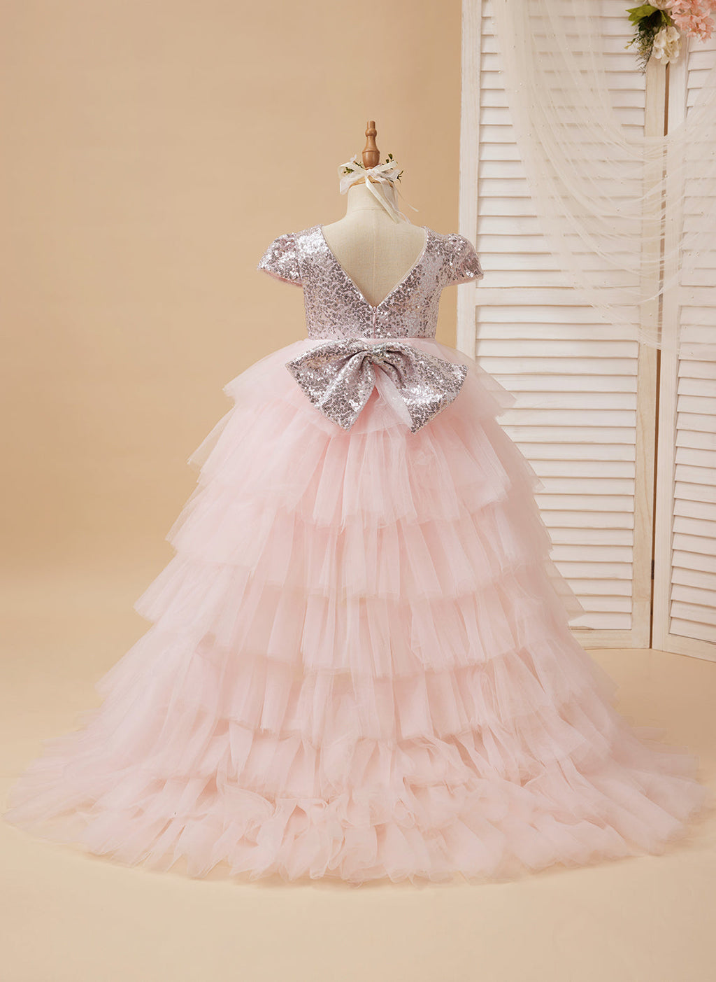 Vestido de princesa/vestido de tul rosa para niña de las flores de cumpleaños 