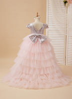 Vestido de princesa/vestido de tul rosa para niña de las flores de cumpleaños 
