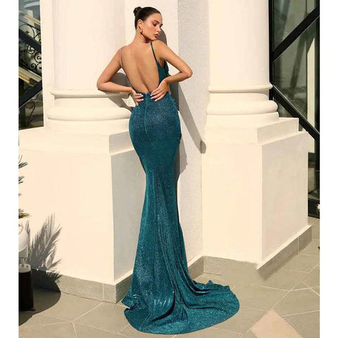 Robe de soirée sirène scintillante à bretelles spaghetti 