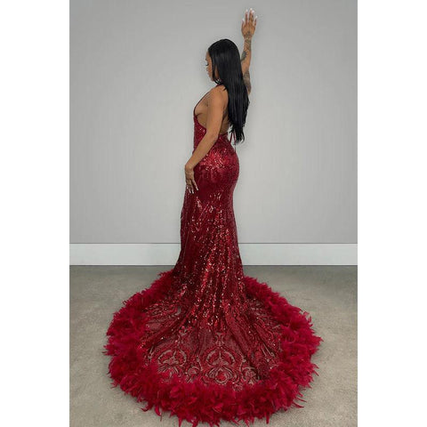 V-Neck Halter Backless Sequins Sheer Tulle Feather Mermaid Long Prom Dress